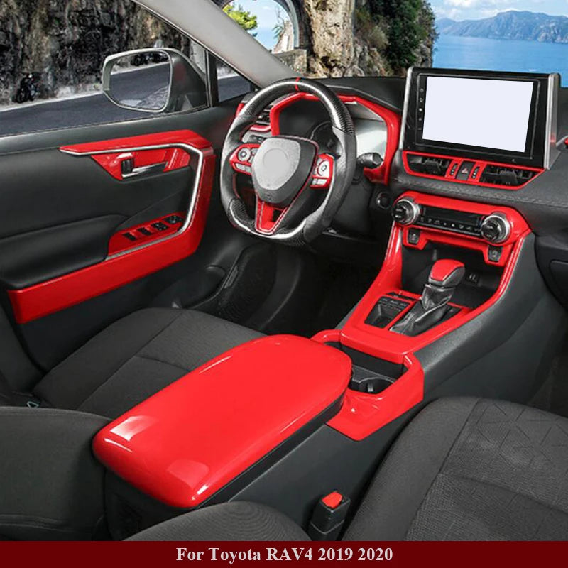 Car Interior Red Chrome Decoration Accessories For 2019-2021 Toyota RAV4 Armrest Console Strips Water Cup Cover Air Vent Trims