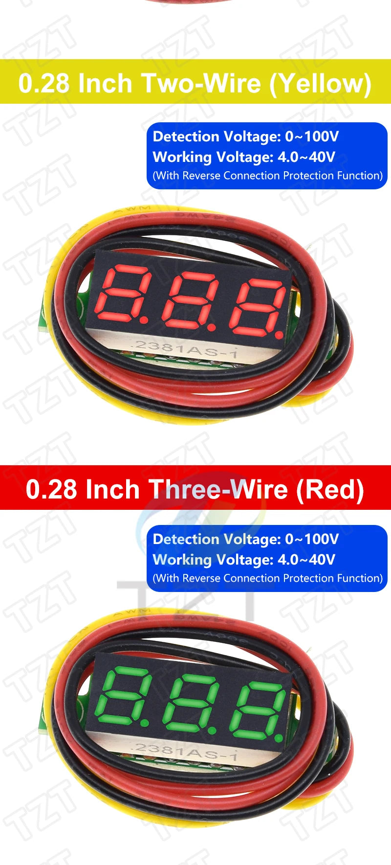 0.28 Inch 2 wires 3 wires 2.5V-40V Mini Digital Voltmeter TZT Voltage Tester Meter Red/Blue/yellow/green LED Screen meter