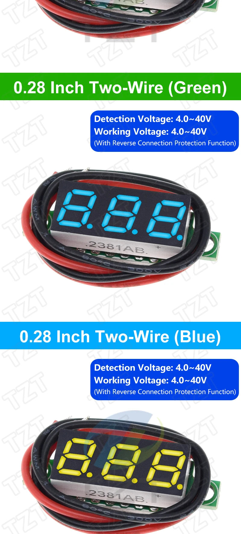 0.28 Inch 2 wires 3 wires 2.5V-40V Mini Digital Voltmeter TZT Voltage Tester Meter Red/Blue/yellow/green LED Screen meter