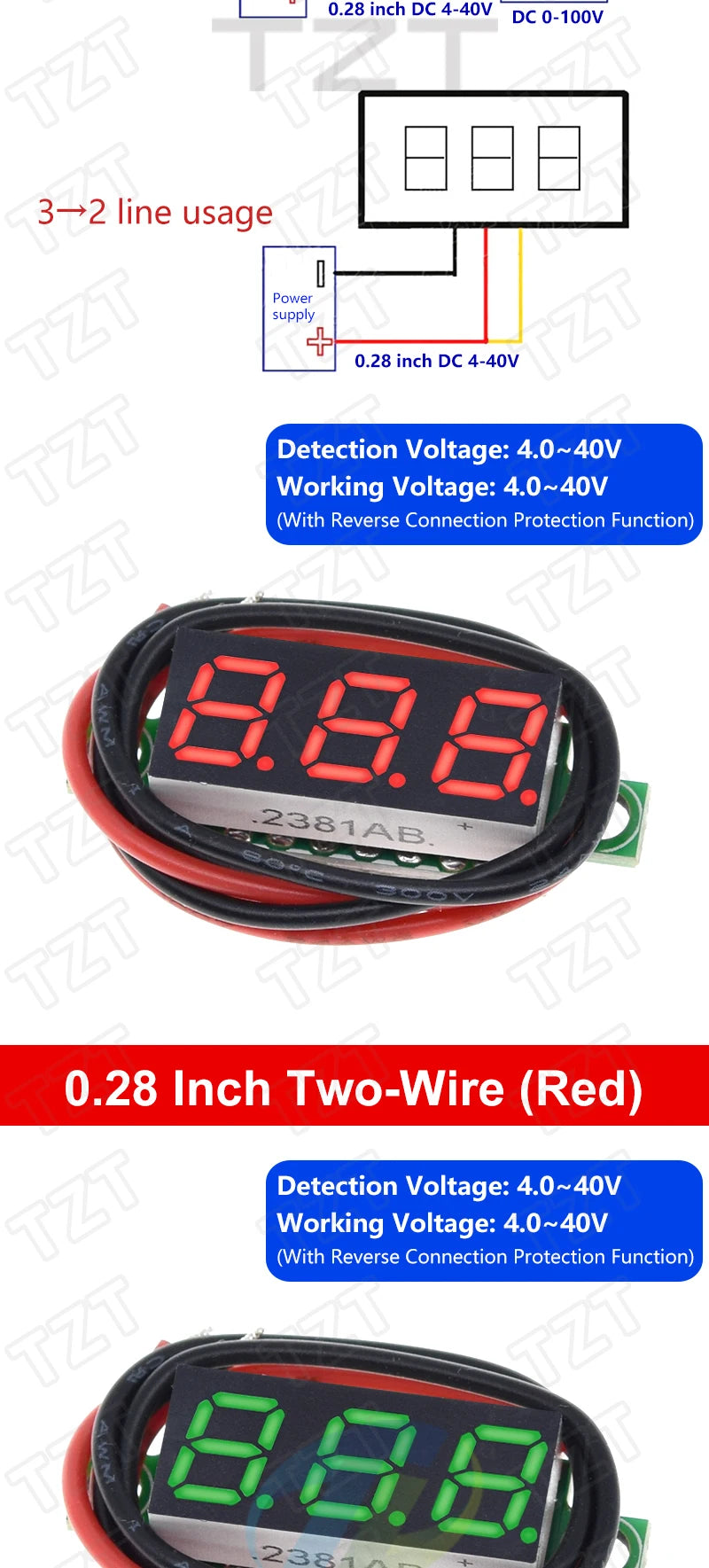 0.28 Inch 2 wires 3 wires 2.5V-40V Mini Digital Voltmeter TZT Voltage Tester Meter Red/Blue/yellow/green LED Screen meter