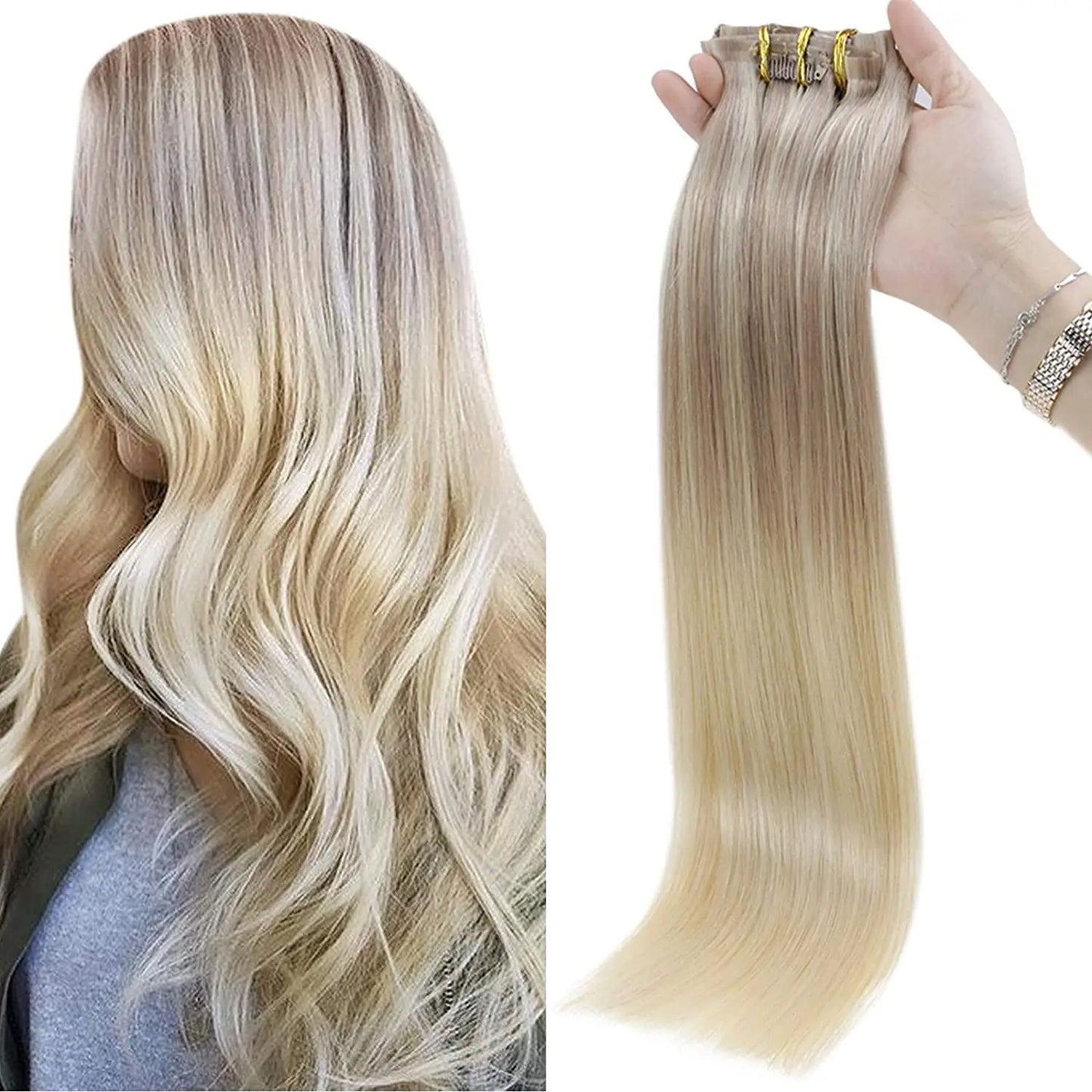 Full Shine Seamless Clip in Human Hair Extensions 8Pcs 100g&80g Pure Color Blond Hair Pu Clip on Remy Extension Skin Weft