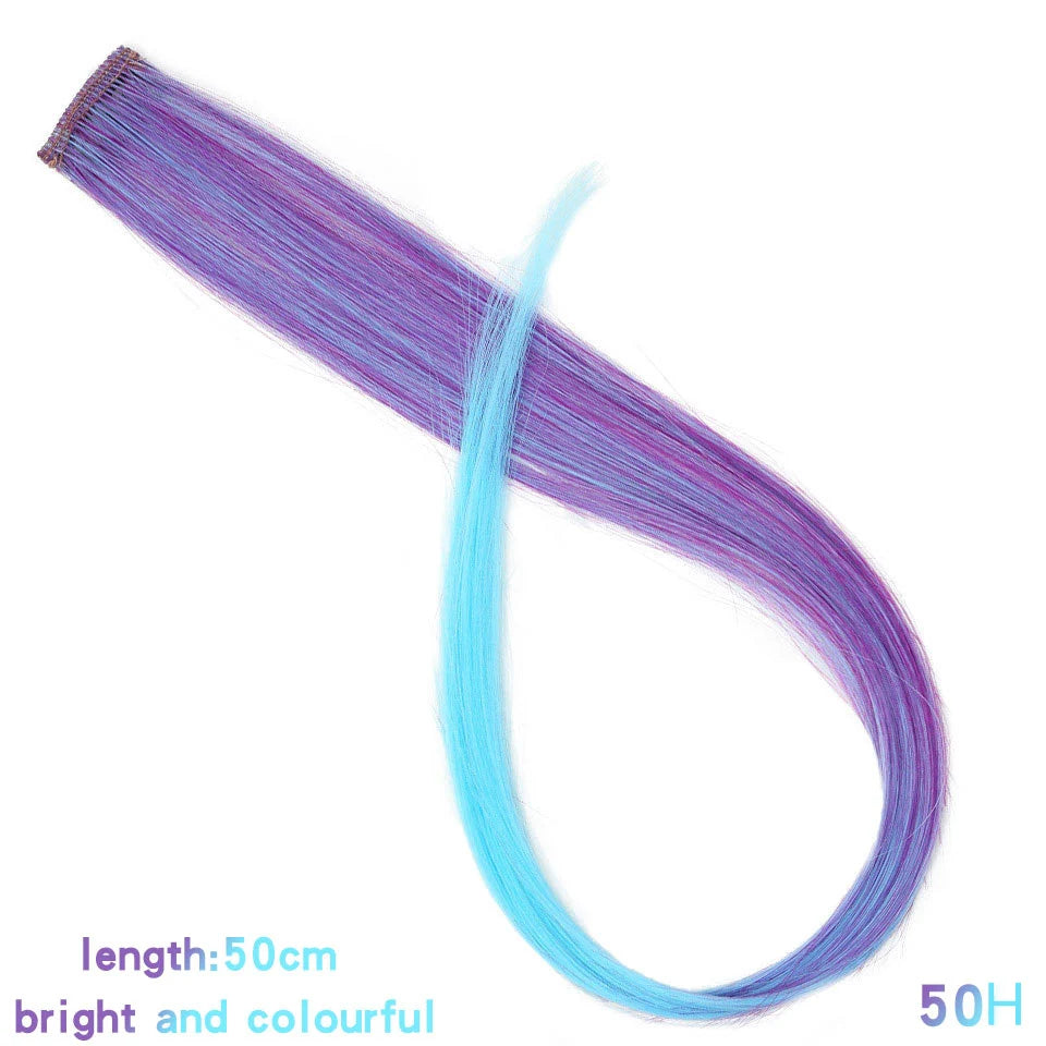 All Long Straight Color Hair Piece Hair Extensions Clip In Highlight Rainbow Hair Streak Pink Synthetic Hair Strands on Clips