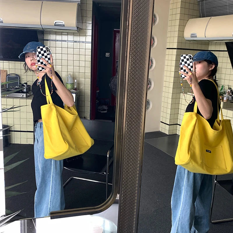 Women's Canvas Tote Bag – Reusable Shoulder Handbag with Letter Detail | Casual Daily Bag
