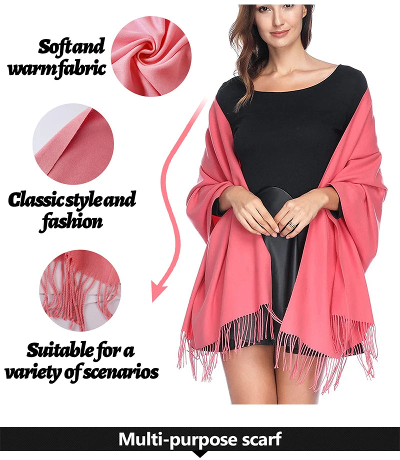 Women's Tassel Scarf, Soft Solid Color Shawl Wrap