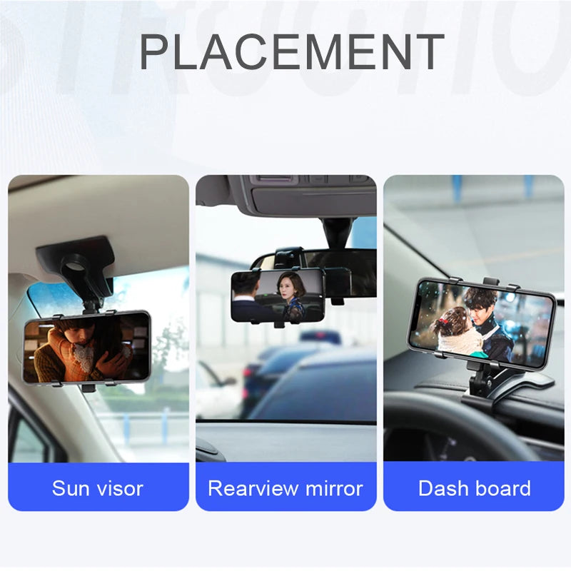 360° Universal Car Phone Holder – Dashboard, Mirror & Sun Visor Mount for 3–7" Phones