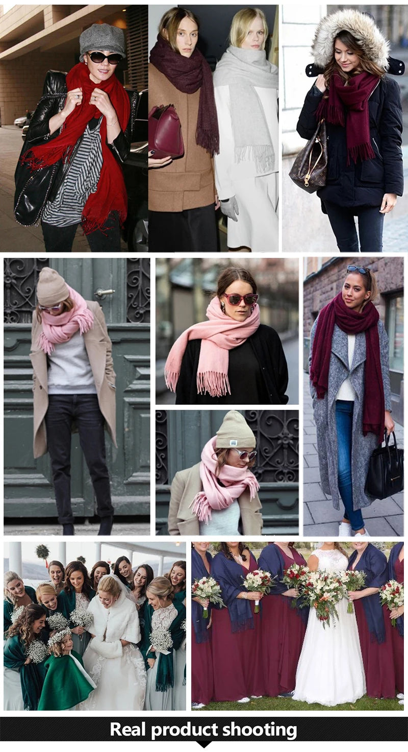 Women's Tassel Scarf, Soft Solid Color Shawl Wrap