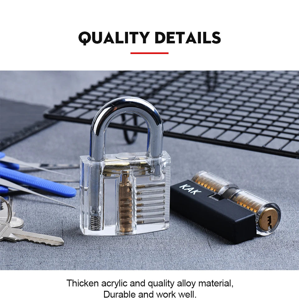 KAK Transparent Cutaway Practice Padlock Kit – Locksmith Training Lock with Broken Key Extractor & Wrench Tools