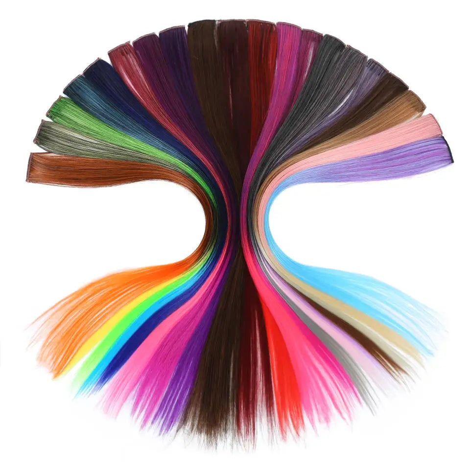 All Long Straight Color Hair Piece Hair Extensions Clip In Highlight Rainbow Hair Streak Pink Synthetic Hair Strands on Clips