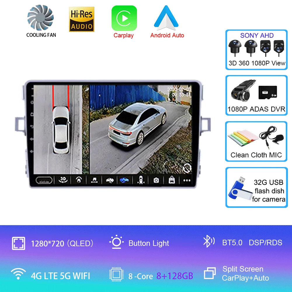 Android Car Stereo for Toyota Verso R20 (2010–2016) — CarPlay, Android Auto, GPS, 4G, RDS, DSP, IPS