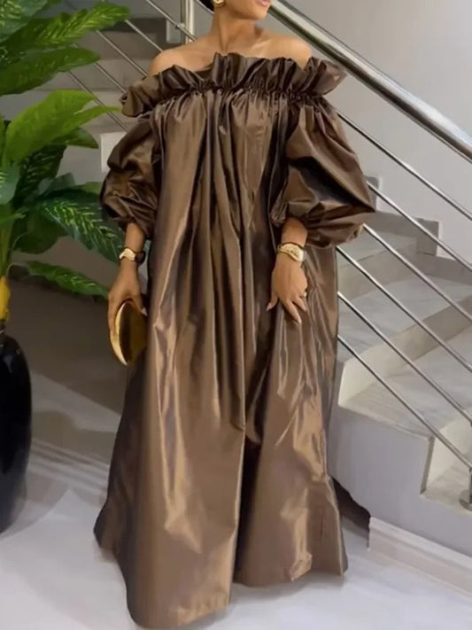 Off-Shoulder Evening Maxi Dress – Puff-Sleeve Pleated Gown