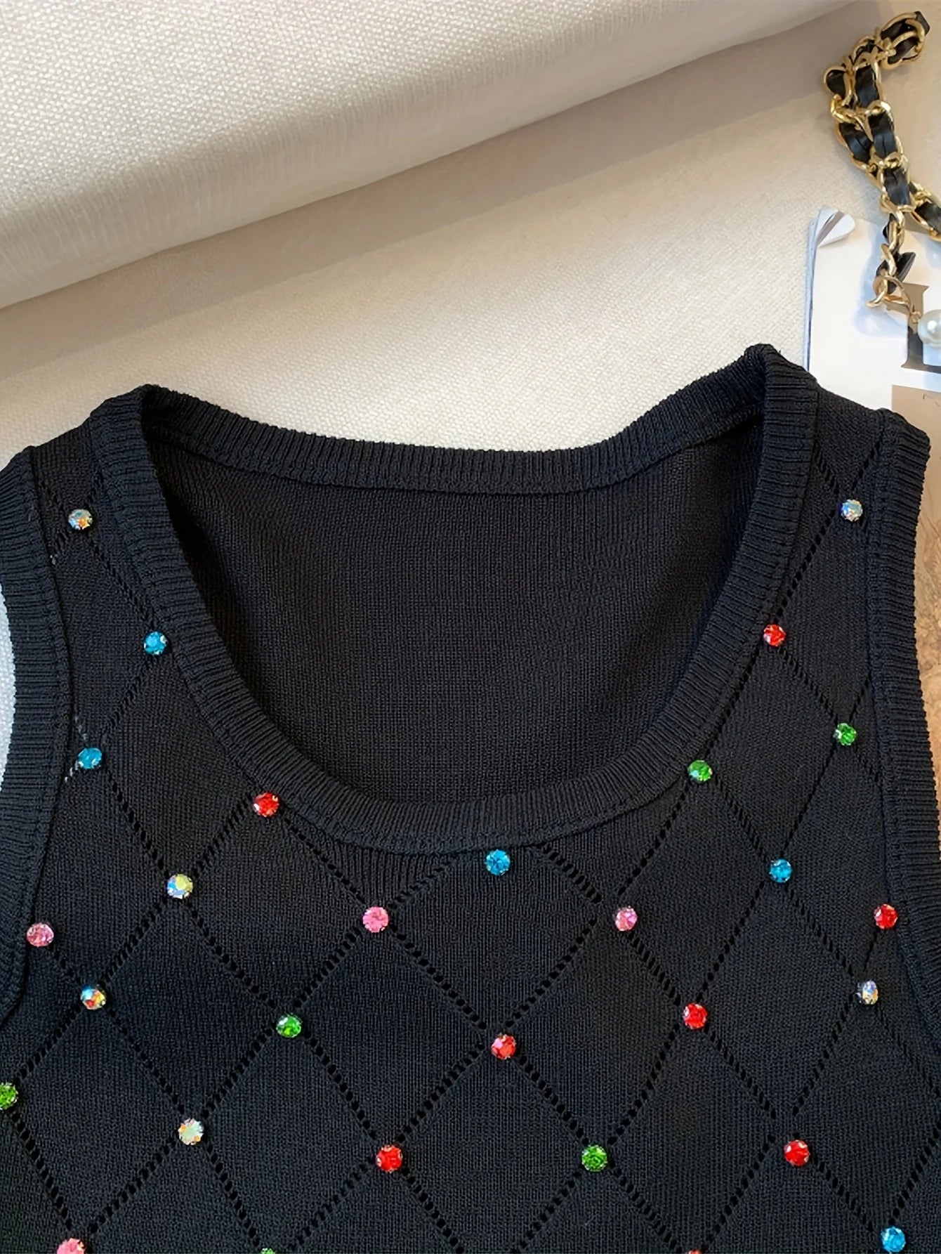 Colorful Rhinestone Knitted Tank Top Casual Crew Neck Sleeveless Tank Top For Summer  Women's Clothing Crop Top Camis