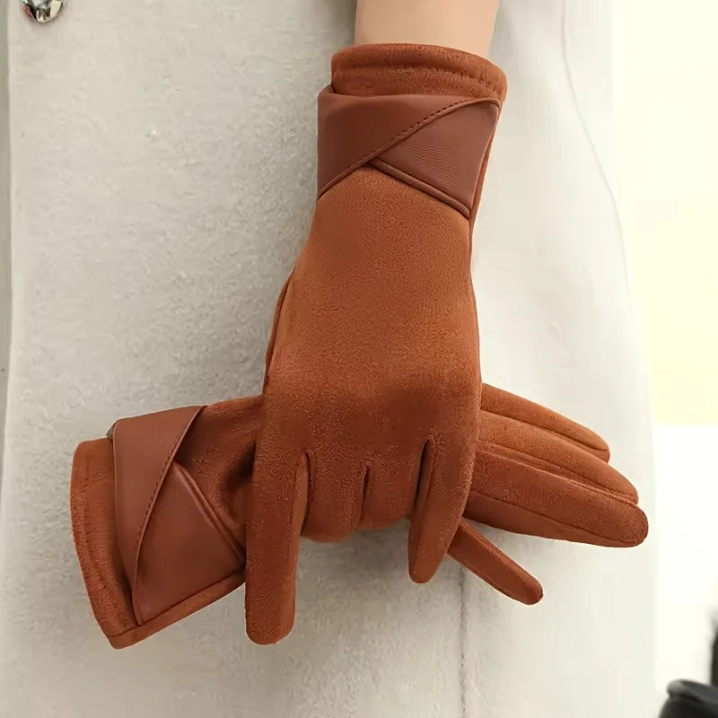 [Thermal Winter Gloves] Women's Thermal Winter Gloves - 1 Pair Elegant Brown with Beige & Grey | Soft Warm Lining