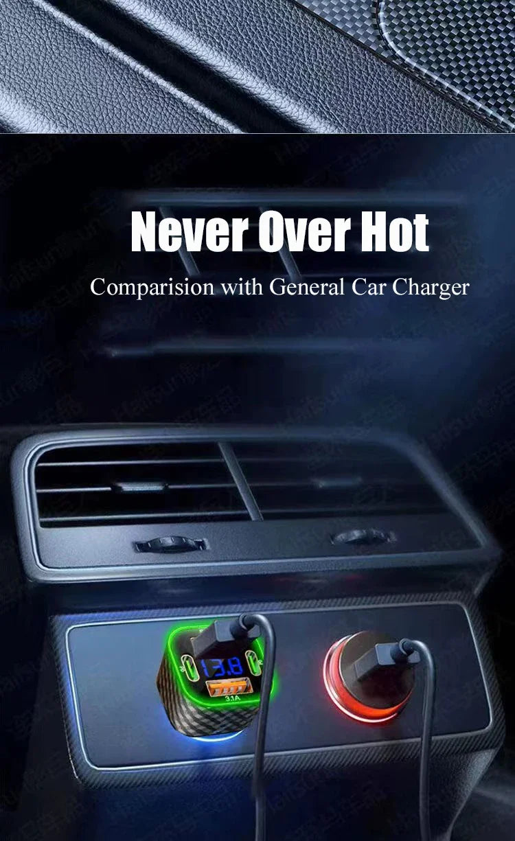 USB-C Car Charger 4-in-1 Dual PD Fast Charge with Voltage Display – iPhone, Samsung, Xiaomi