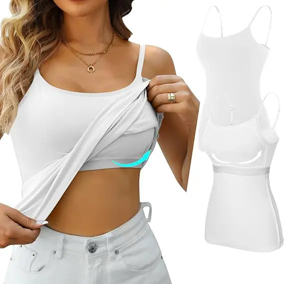 Anfilia Women Camisole 2PCS Solid Adjustable Spaghetti Straps with Shelf Bras 95% Cotton Soft Casual High Elastic Tank Tops