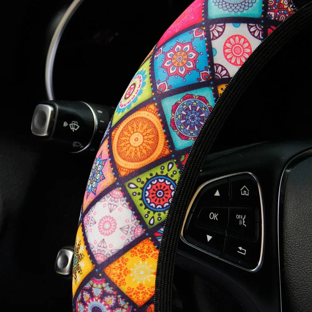 38cm Elastic Car Steering Wheel Cover Ethnic Style Print Anti-slip Car Styling Car Steering-wheel Cover Interior Accessories