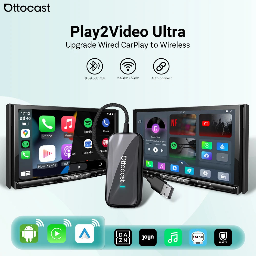 OTTOCAST Play2Video Ultra Wireless CarPlay AI Box Video Streaming for Car YouTube Netflix IPTV Plug&Play for Factory Wired CarPl