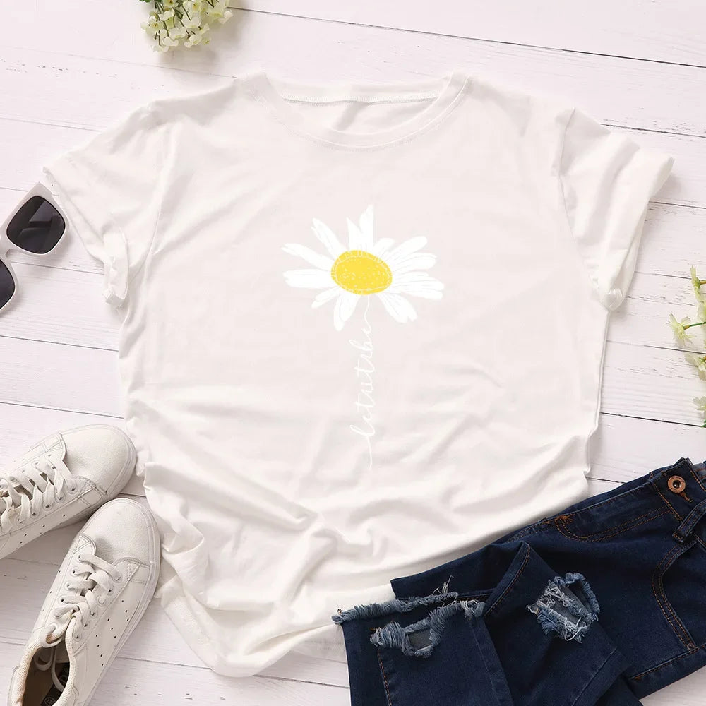 100% Cotton Women T-Shirt 2026 Summer Tshirt Creative Daisies Printed Woman Short Sleeve Tee Tops Female T Shirt