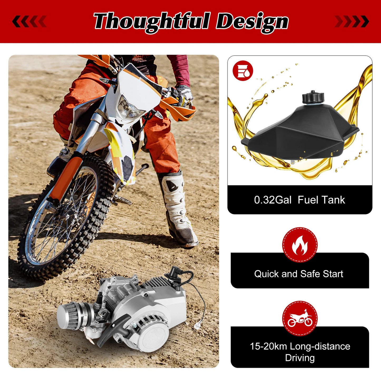 49cc 2-Stroke Motor Engine Kit, Air Cooling Pull Start with Fuel Tank for Mini Pocket Quad Dirt Bike ATV Scooter
