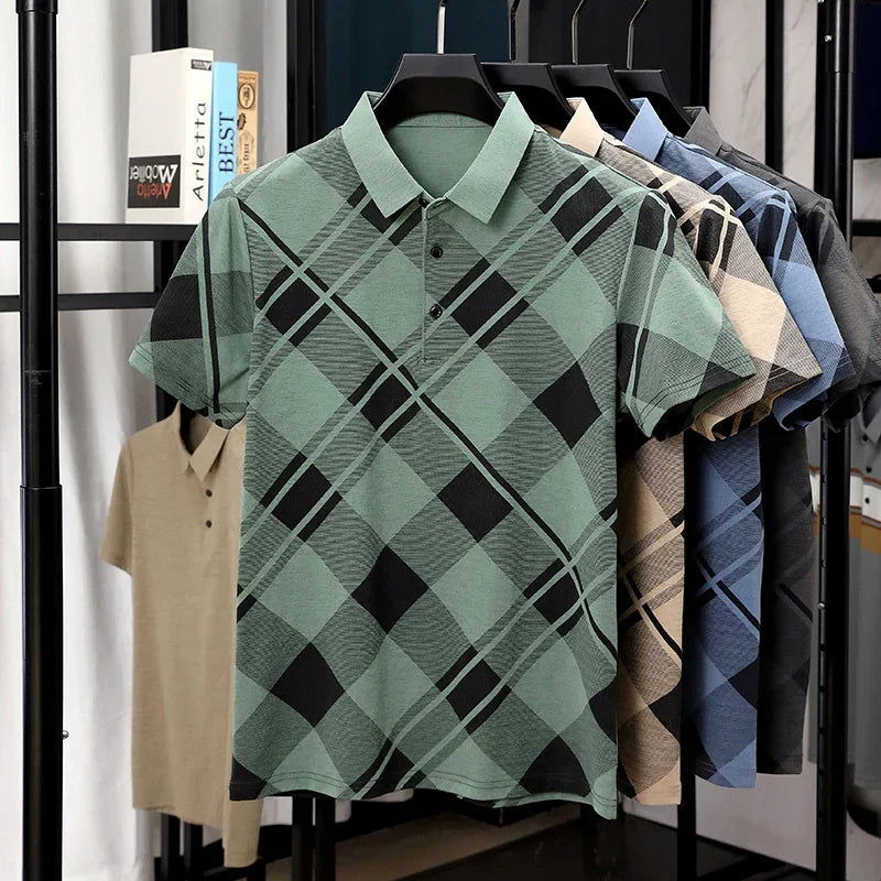 Men's Retro Plaid Polo - Woven Wrinkle-Resistant, Two-Button Lapel