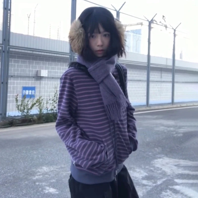 Women's Y2K Striped Zip-Up Knit Cardigan, Purple