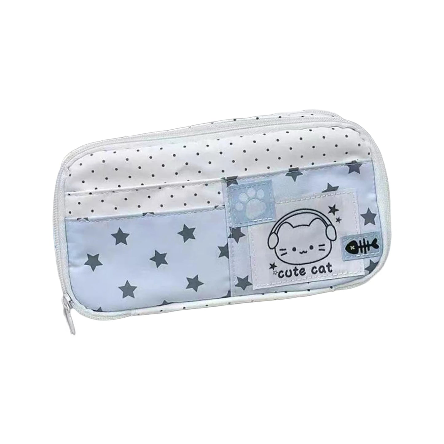 Cute Cat Pattern Blue Polka Dot Pencil Case for Students