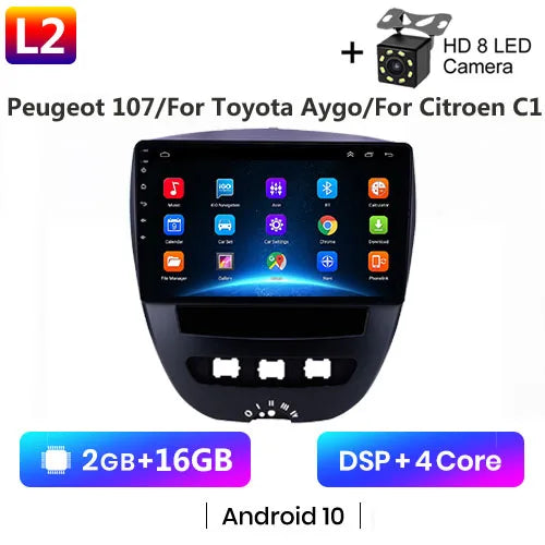 Android 10 2 Din Car Multimedia Player For Peugeot 107 Toyota Aygo Citroen C1 2005-2014 Head Unit Stereo GPS Navigation BT WIFI