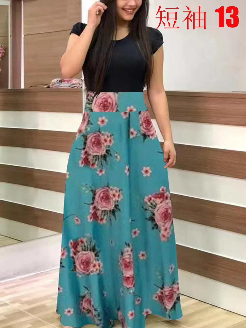 2025 European and American style flower print color matching short sleeved dress for women's large swing skirt