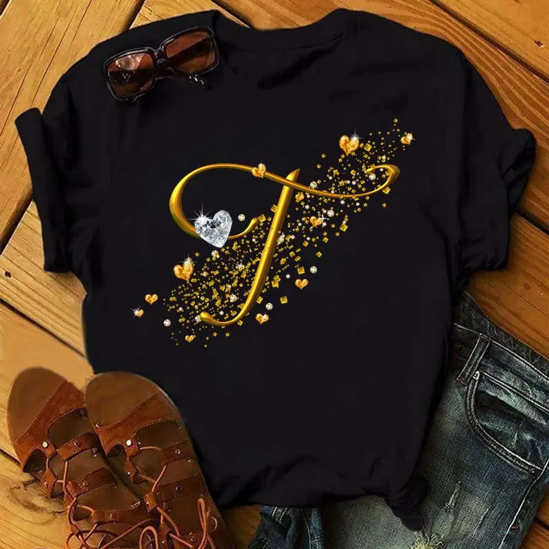 Women's Personalized Letter Graphic Tee — Gold Diamond-Font Monogram Short-Sleeve Top