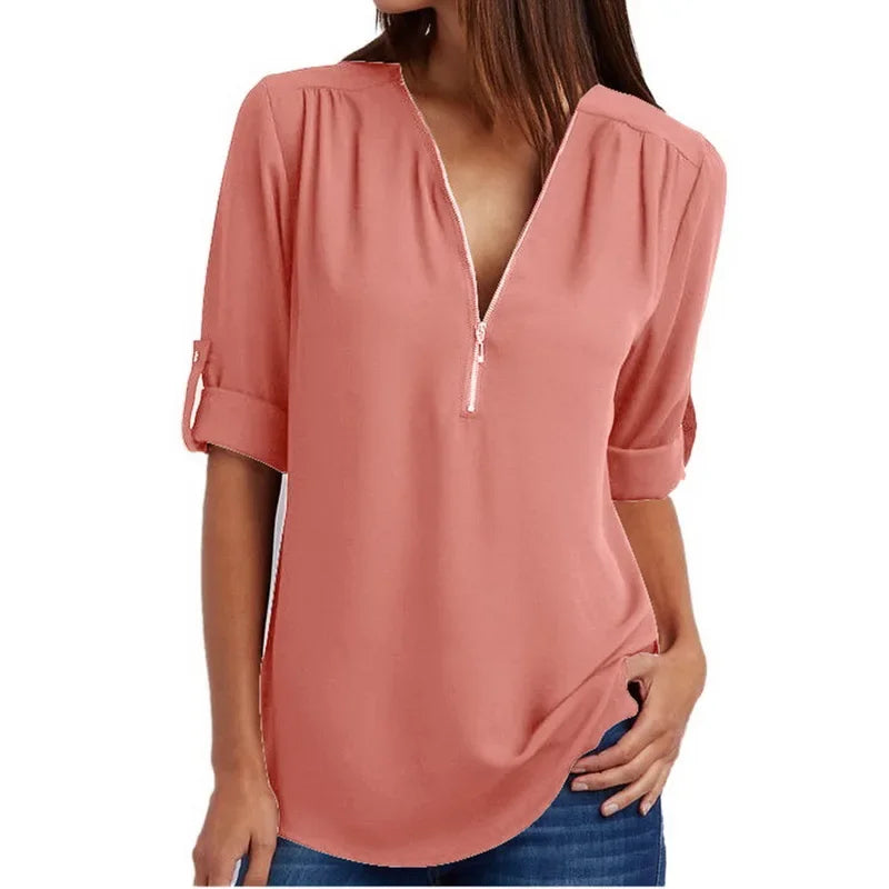 Customizable Women Blouse Zipped Rolled Sleeve Blouse Tailor-made T-Shirts CS6611
