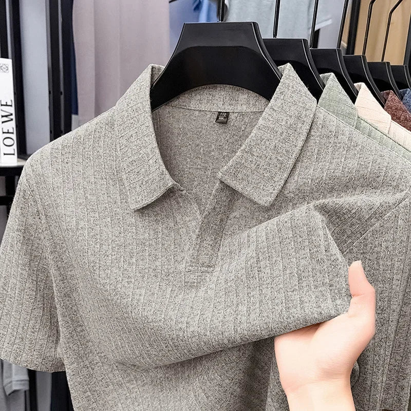 Men's Ribbed Lapel Polo - Soft Stretch, All-Season Casual