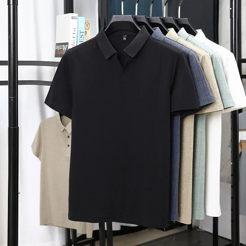 Men's Linen-Blend Polo - Minimalist Plain Lapel, Breathable Soft