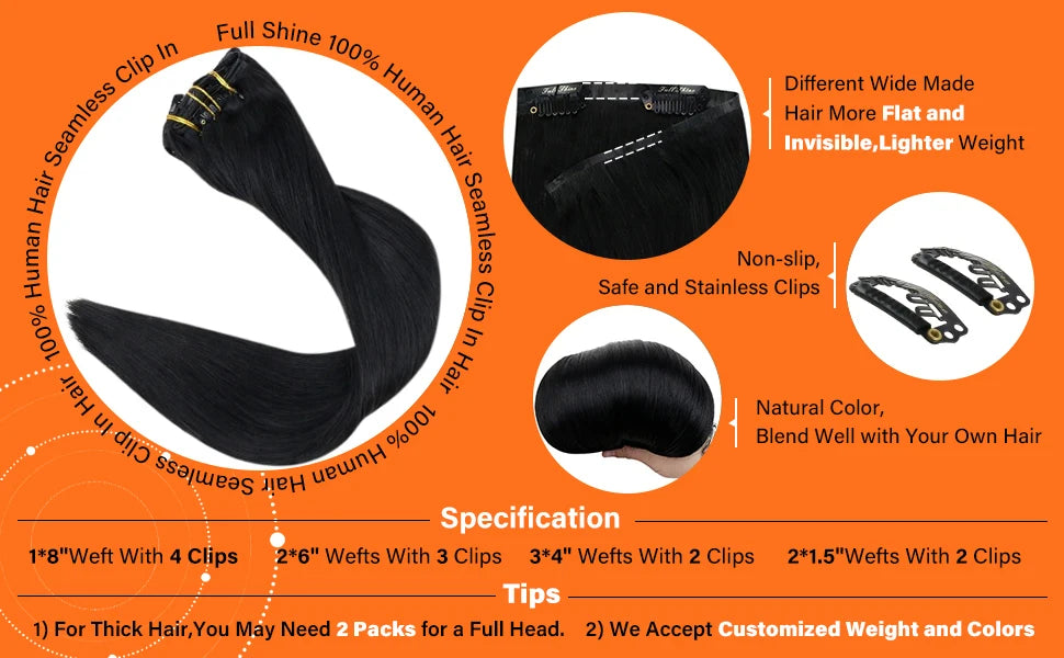 Full Shine Seamless Clip in Human Hair Extensions 8Pcs 100g&80g Pure Color Blond Hair Pu Clip on Remy Extension Skin Weft