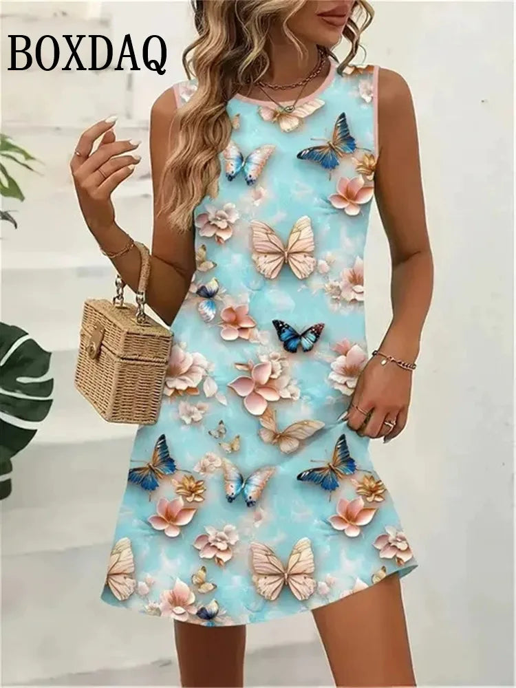 Women's Butterfly Print Sundress – Sleeveless Loose Beach Dress for Summer & Vacation