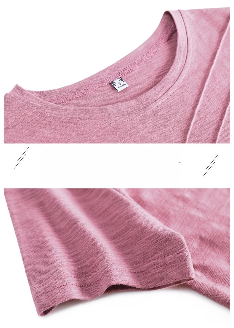 Women's Slub Cotton Button Tee — Loose Crew Neck