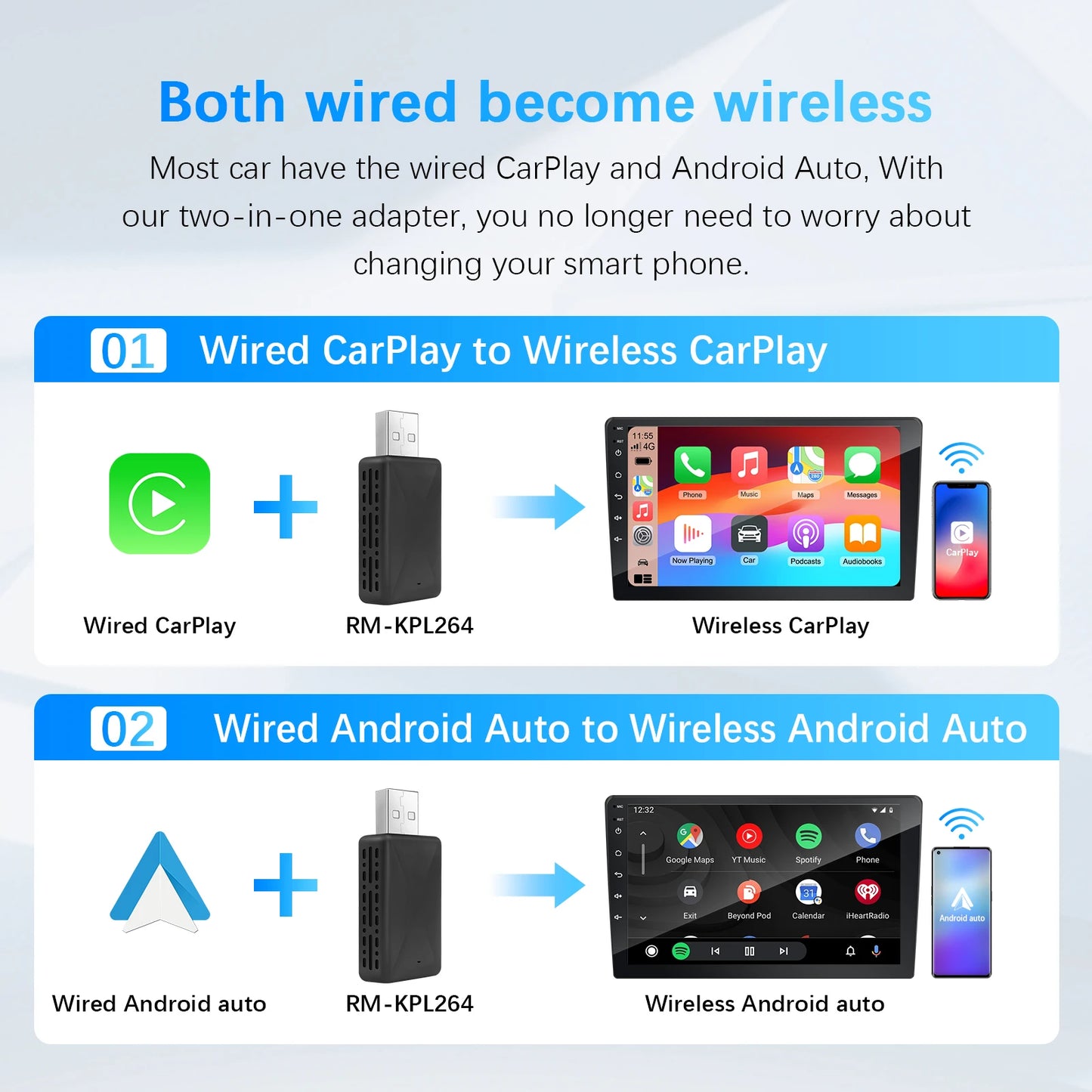 Ezonetronics Portable 2-in-1 Wireless CarPlay & Android Auto Adapter — for Wired-CarPlay Cars