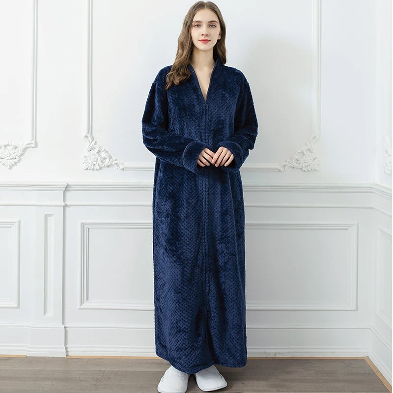 Women's Long Zip-Up Flannel Bathrobe, Plus Sizes
