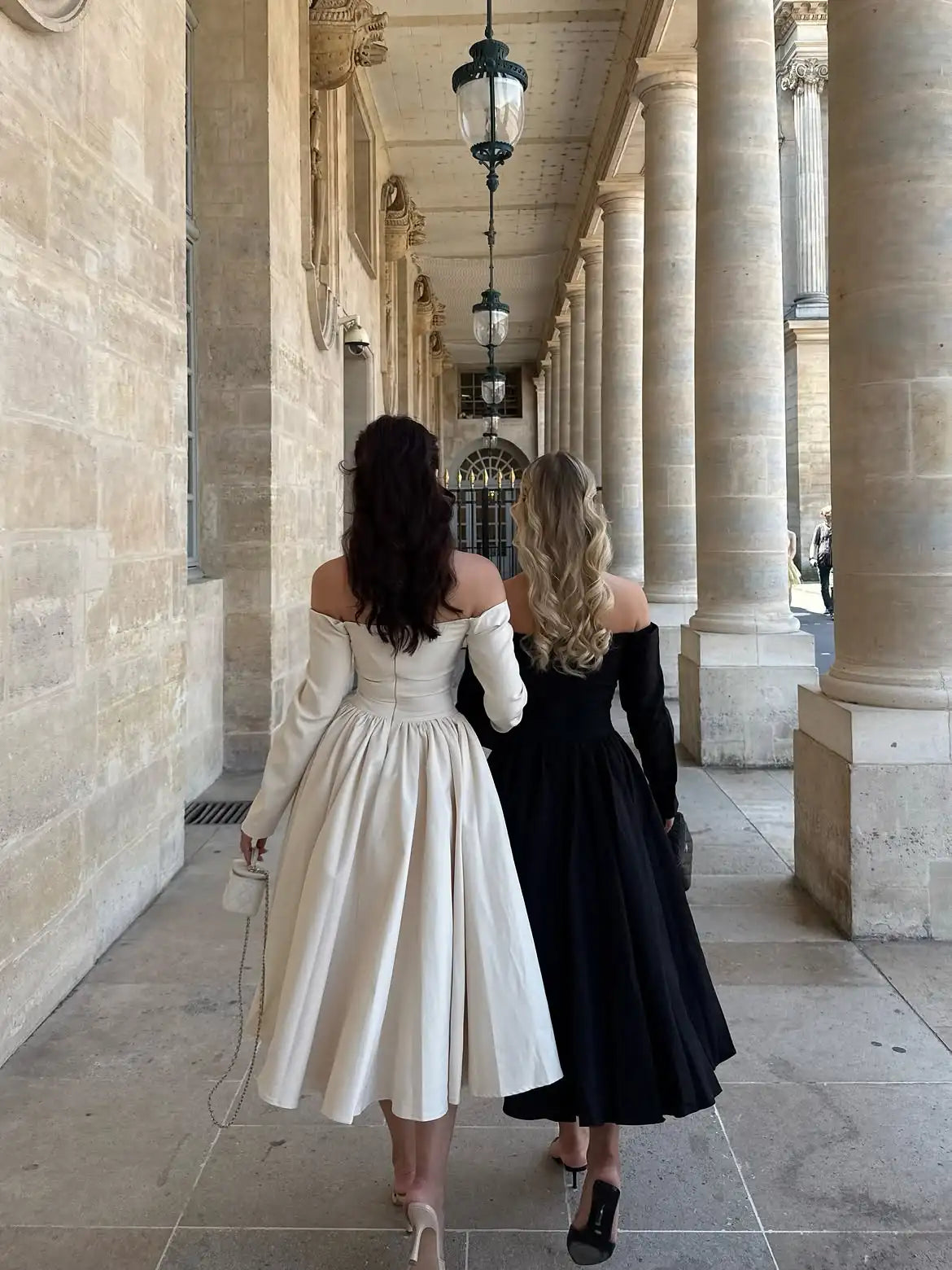Women's Elegant Dresses Off Shoulder Long Sleeve Midi Dress Halter Neck Ruched Waist Pleated Full Skirt Cocktail Party Dresses