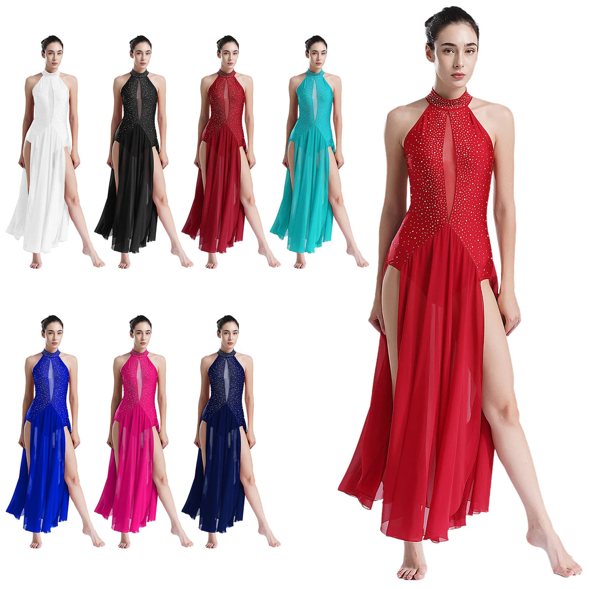 Women's halter lyrical dance dress with rhinestone strappy back