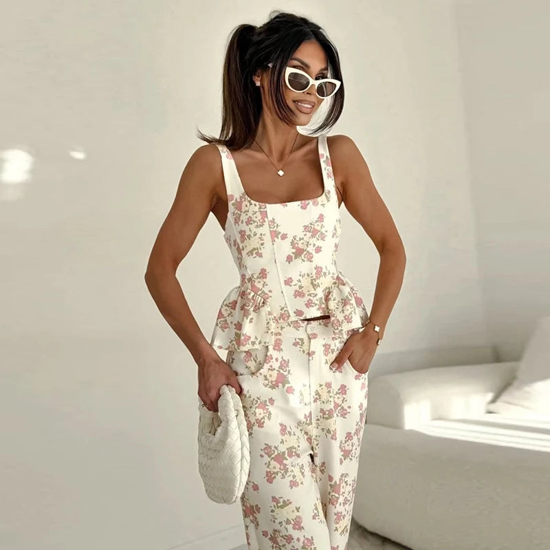 Printed Ruffle-Hem Top & Curved Pants Set — Women's 2-Piece
