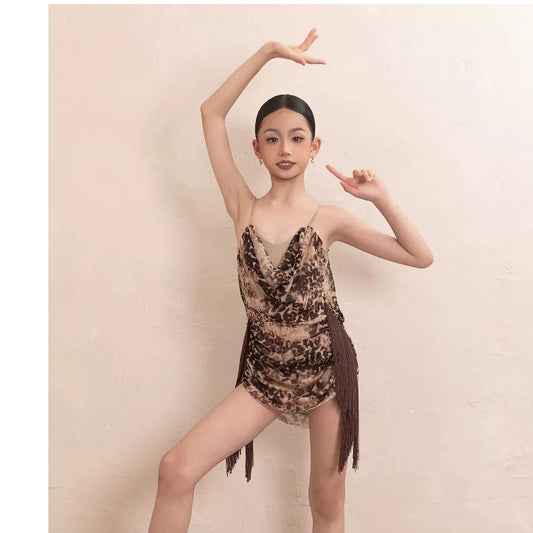 Girls leopard fringe Latin practice dress