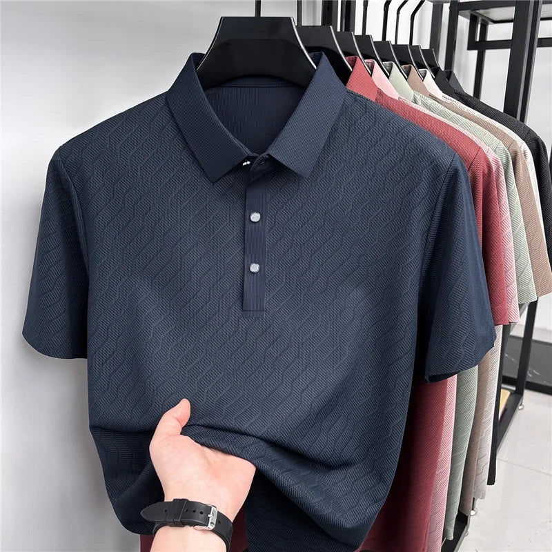 Men's Wavy-Texture Mesh Polo - Sweat-Wicking Lapel, Lightweight