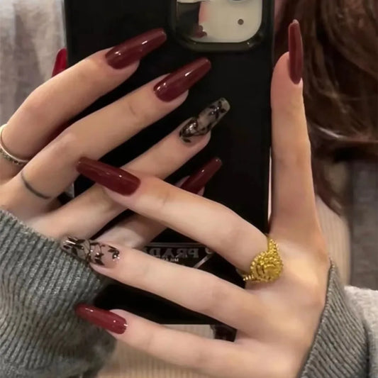 24 Piece Wine Red Long Ballet Press-On Nails - French Vintage Style Fake Nails