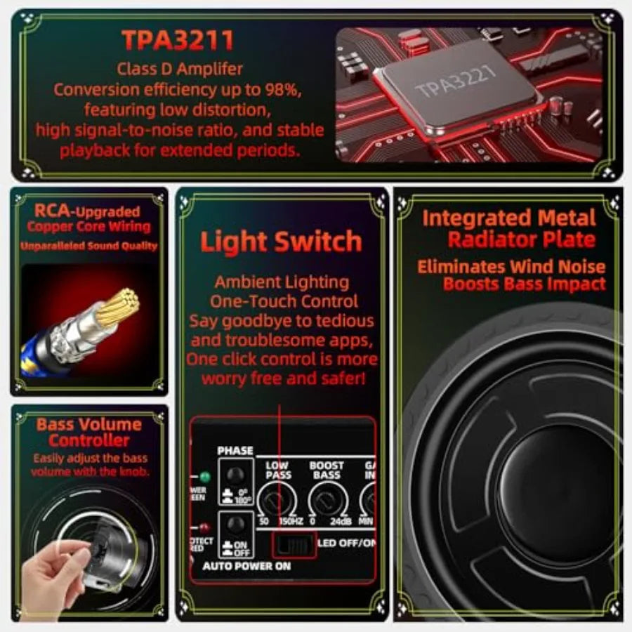 Under seat subwoofers for vehicles, aluminum alloy, black, 1600W slim design with built-in amp, LED ambient light, deep bass, i