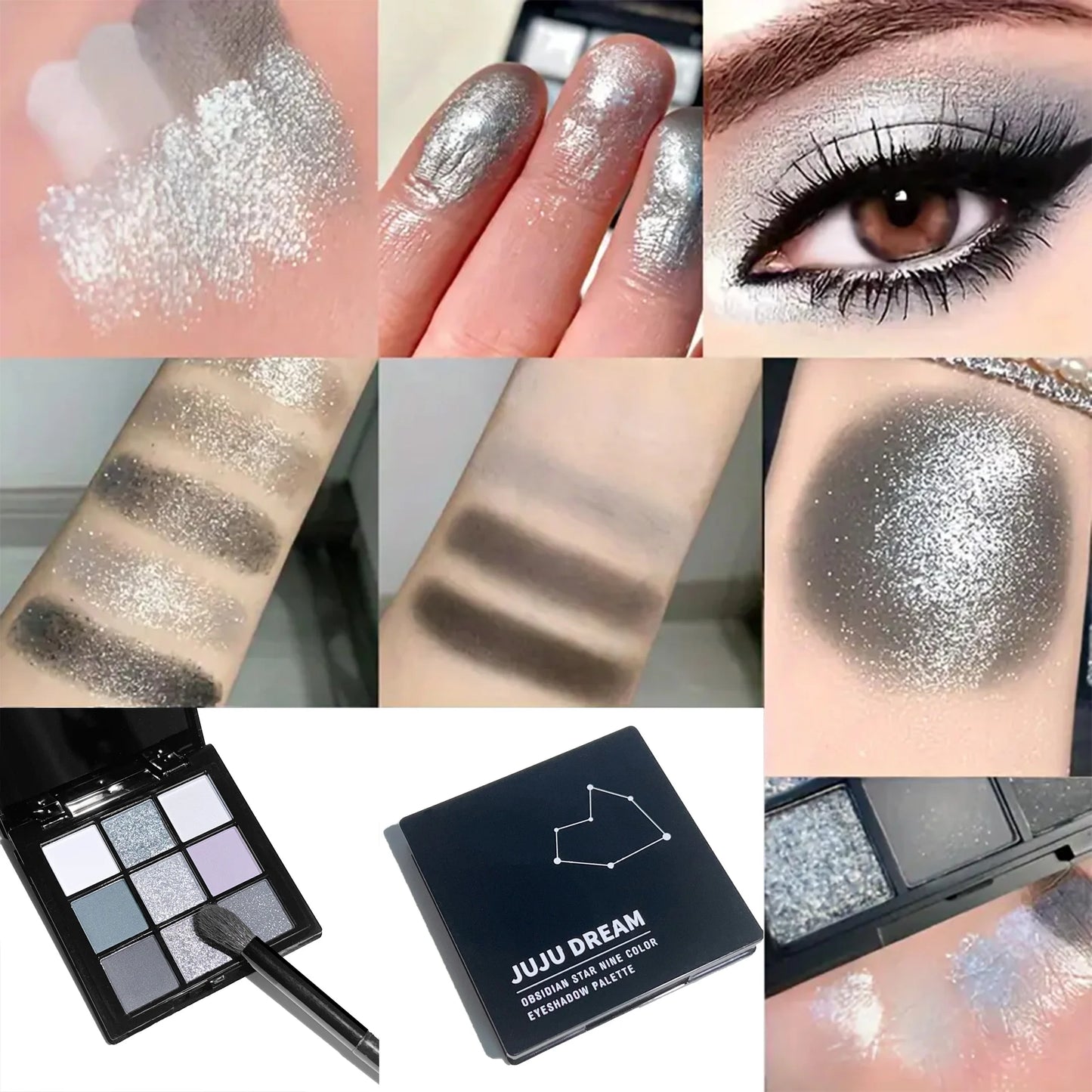 JUJU Dream 9-Shade Smoky Eyeshadow Palette – Black Swan | Dark Black, Grey, Silver Glitter & Matte Finish | Long-Lasting