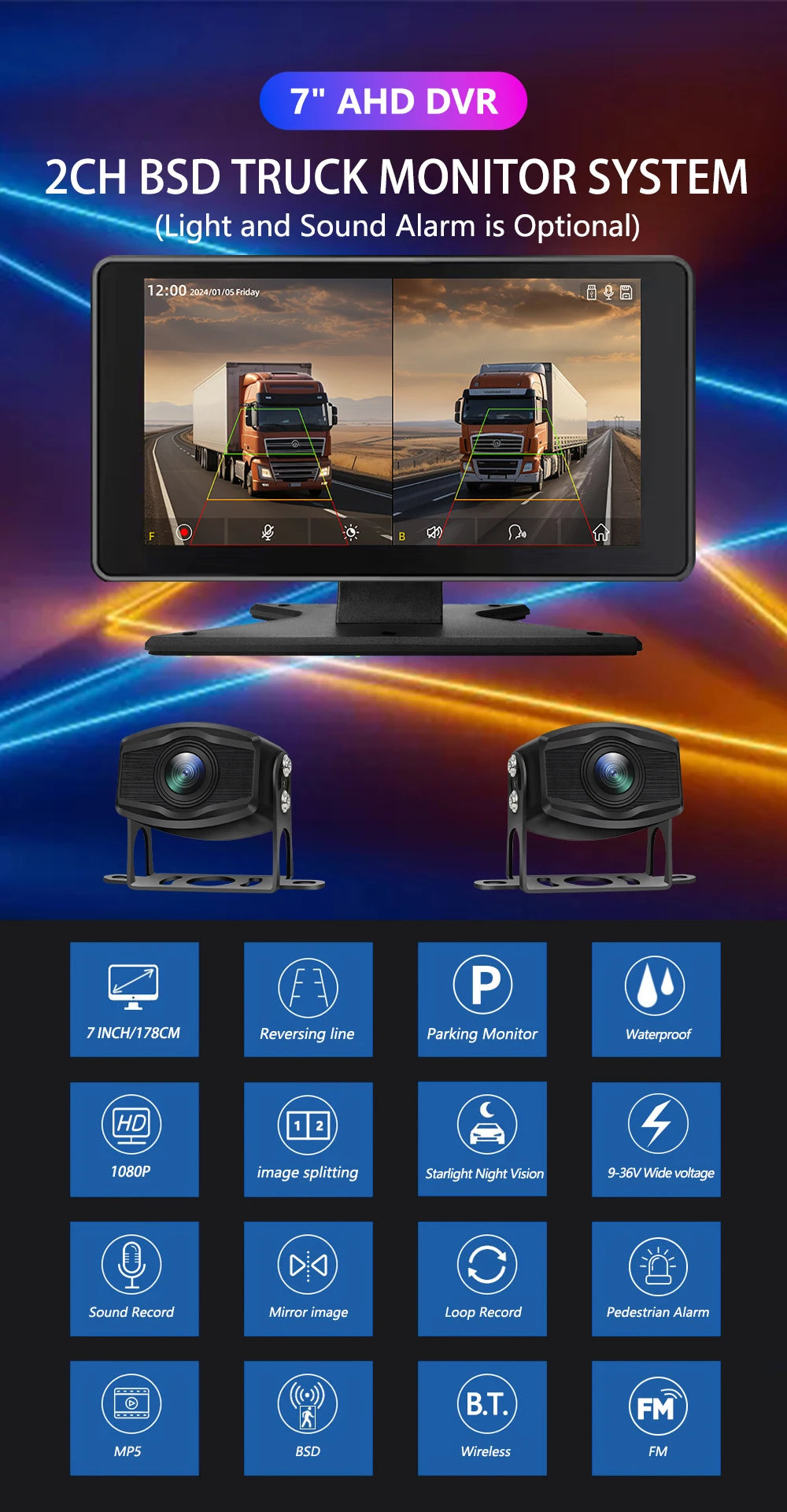 7 inch Truck DVR System BSD Sound and Light Alarm 2CH 1080P Night Camera Touch Screen MP5 BT AHD Monitor 24H Parking Recorder