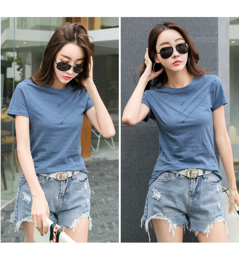 Women's Slub Cotton Button Tee — Loose Crew Neck