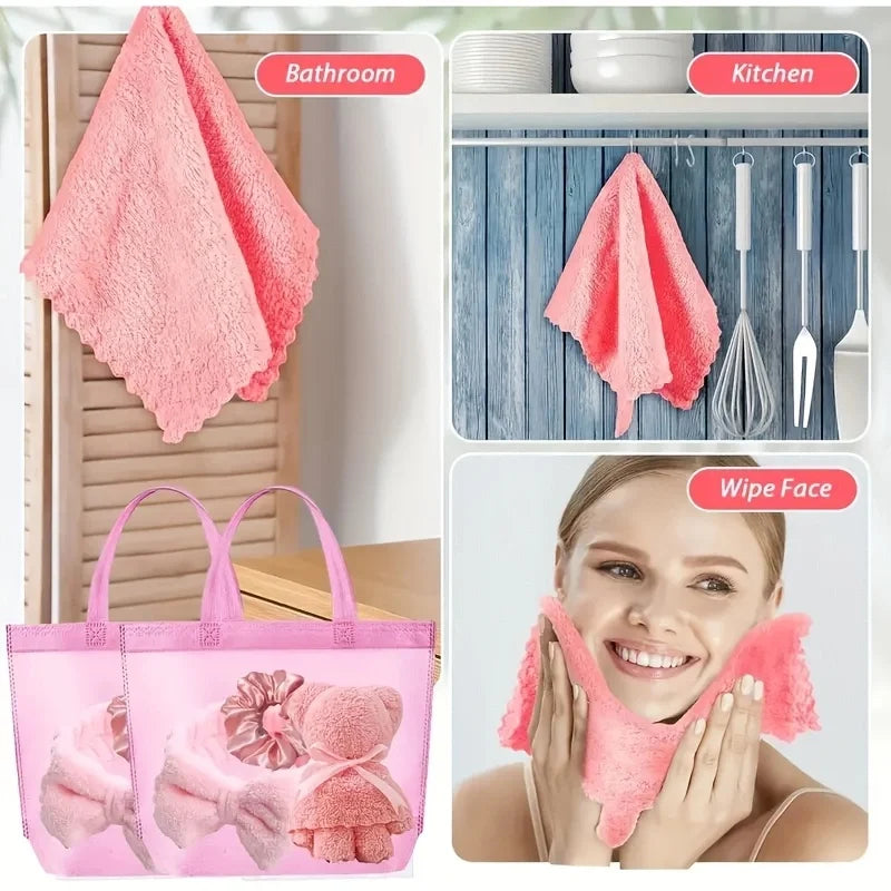 20 Spa Gift Set -5 Polyester Large Bags, 5 Headbands, 5 Hair Rings, 5 Bear Shaped Fabrics - Perfect for Bridal Showers, Singles'