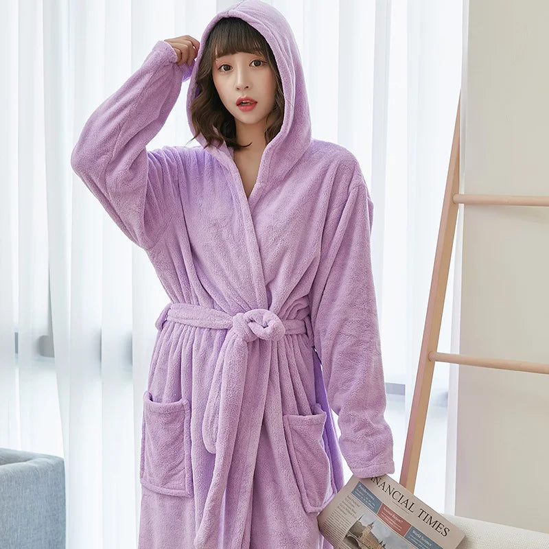 Women's Long Hooded Coral Fleece Bathrobe - Solid Plush Robe