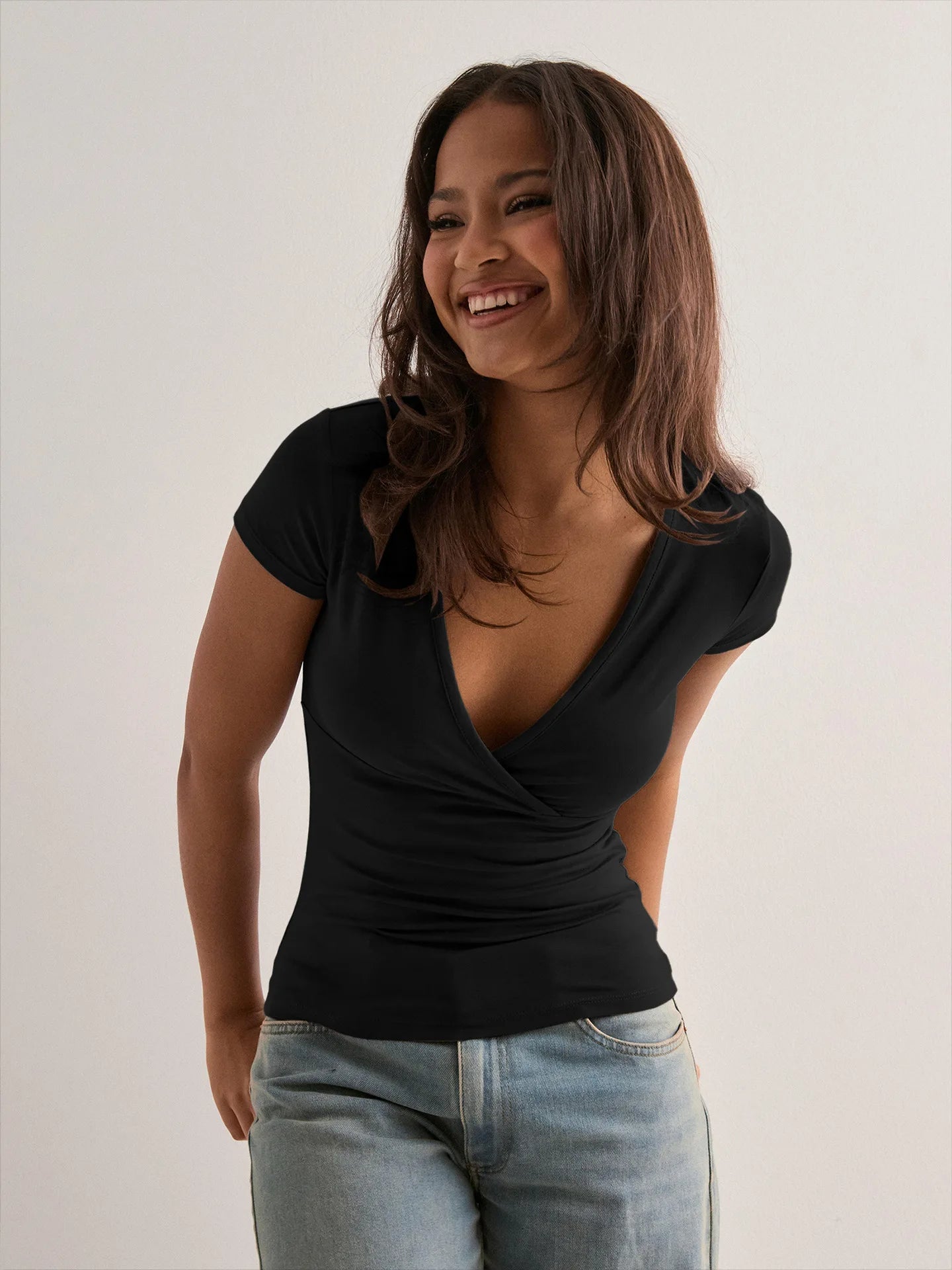 2026 Summer New Fashion Women's T-Shirt Solid-Color Slim-Fit V-Neck Short-Sleeve Top Y2k Clothing