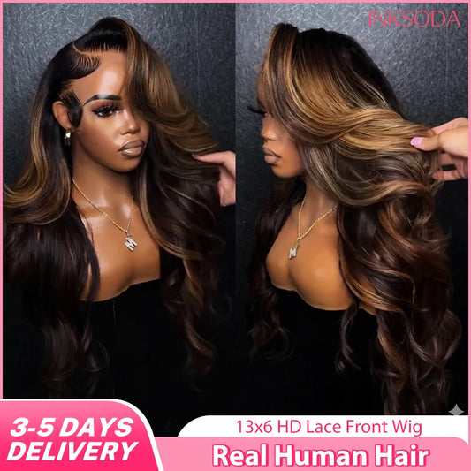 1B/30 Highlight 13x6 Lace Front Human Hair Wigs Ombre Black Brown Colored Preplucked Body Wave Lace Frontal Wig For Women 30Inch